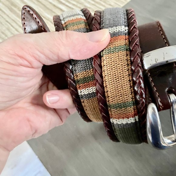 Vintage Men Women Unisex Brighton Western Braided Trim Textile Leather Belt  34" - Picture 1 of 11